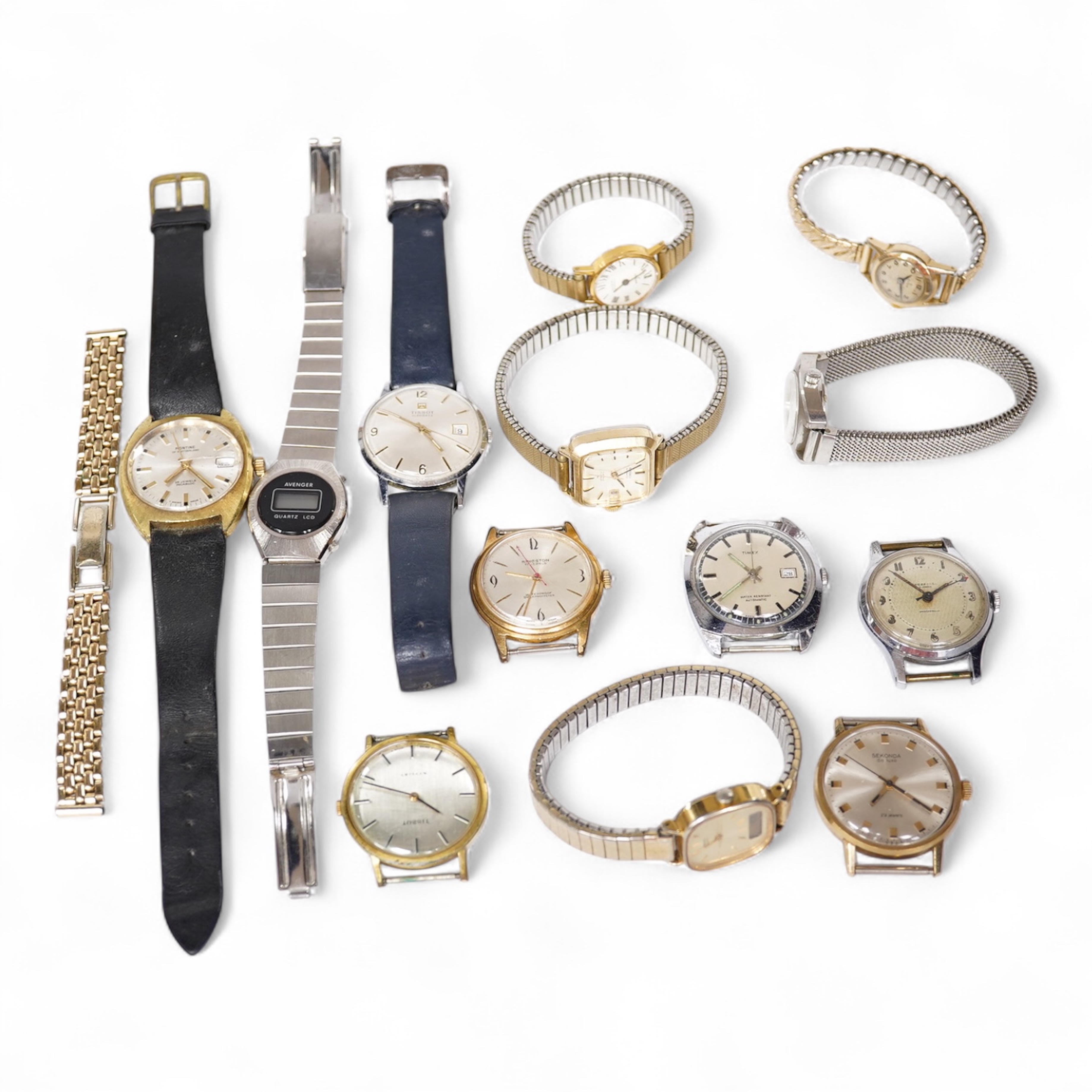 A collection of seven gentleman's assorted mainly steel wrist watches including two Tissot, a Timex, Ingersoll, Montine, Kingston and Sekonda, together with six assorted lady's mainly steel wrist watches including Seiko,